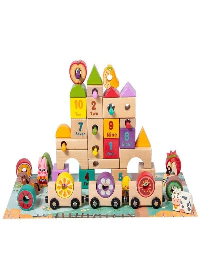 DIMAZO 50 Pcs Wooden Farm Animal Train Building Block Set for Kids | Early Learning, Number Recognition & Montessori Skill Development Toy for 3+ Years Boys Girls - Image 1